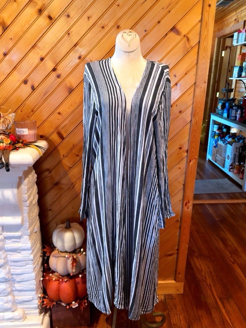 Entro Navy White Striped Maxi Duster Cardigan Open Front Size Medium with Pocket